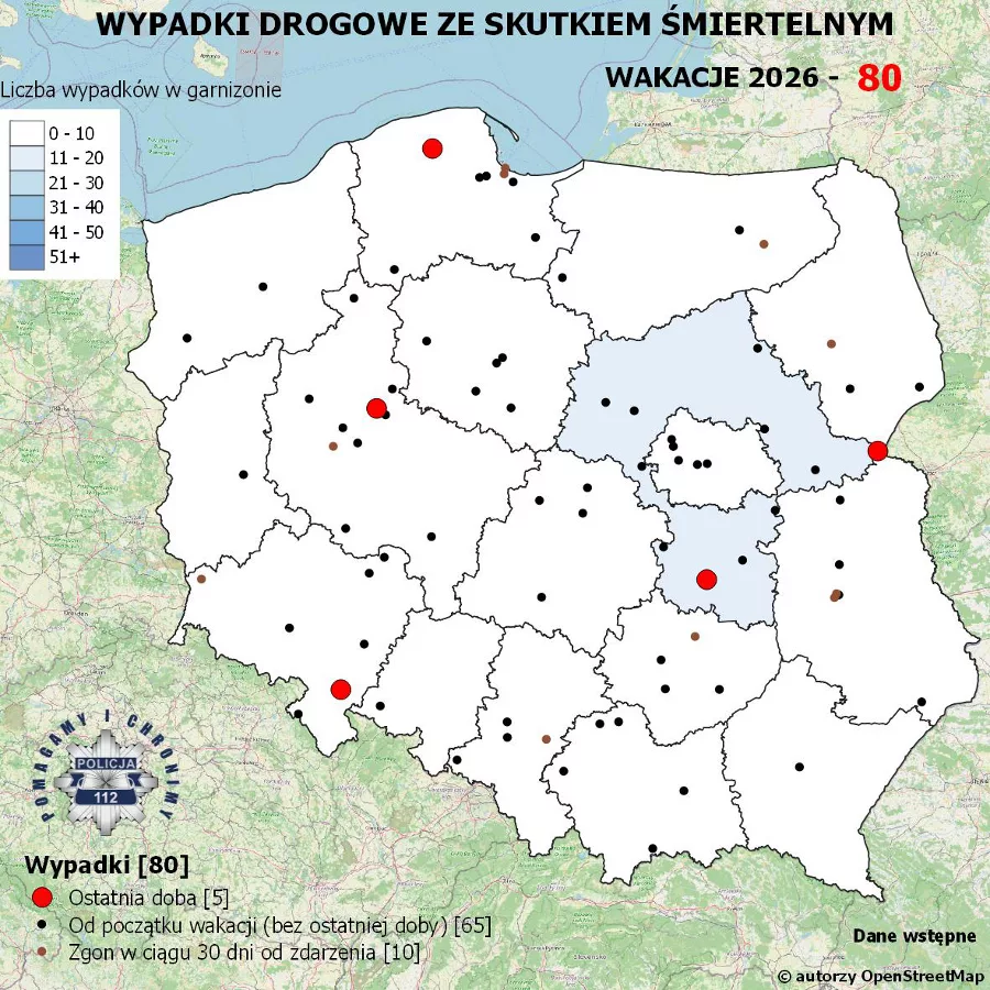 Policyjna mapa wypadków ze skutkiem śmiertelnym, stan na 14 lipca 2026