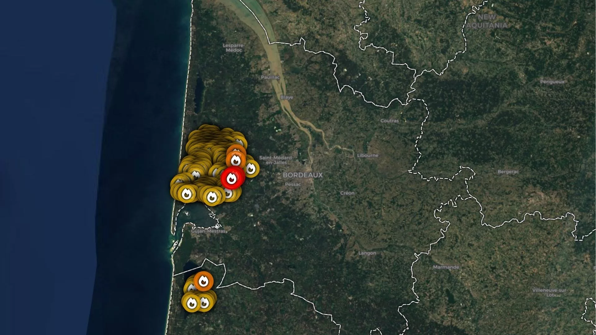 Mapa pożarów w regionie Gironde
